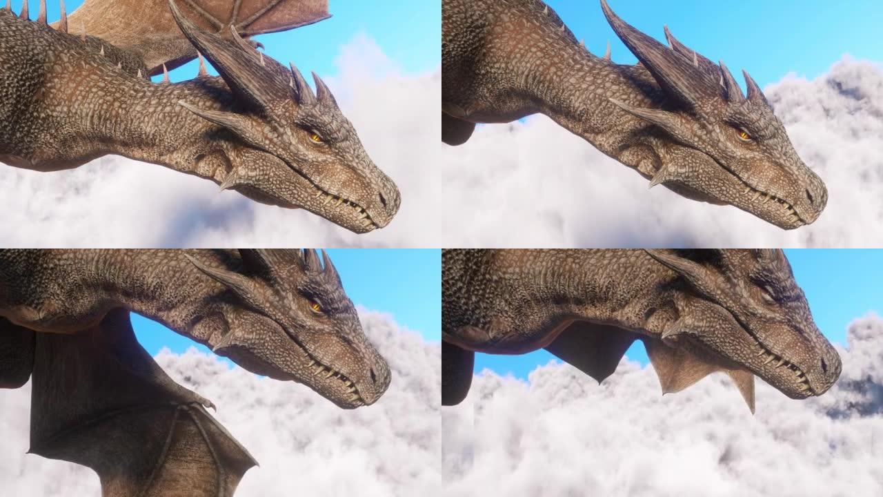 壮丽的龙在云层上方的天空中飞翔。CGI动画3d渲染