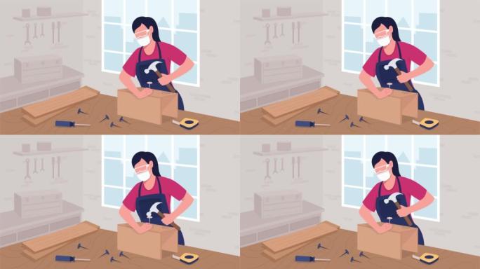 女性橱柜制造商用锤子平彩色动画插图驱动指甲