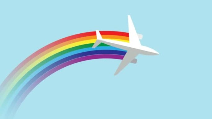 生态和可持续的航空运输。有彩虹色步道的飞机。动画插图