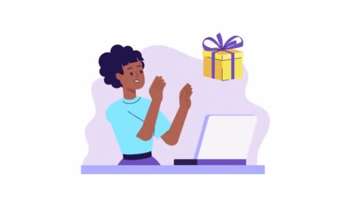 女性角色在笔记本电脑上工作，并弹出礼物框。2d平面动画。礼品赠送，移动营销，从商店赚取奖品，奖金或奖