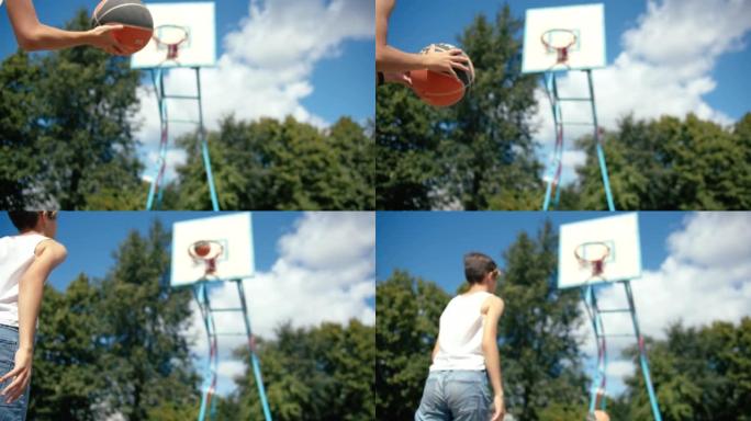 男孩训练打篮球，用球打底视图