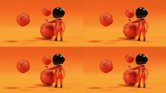 卡通宇航员或宇航员以4k分辨率在橙色背景上展示太空
