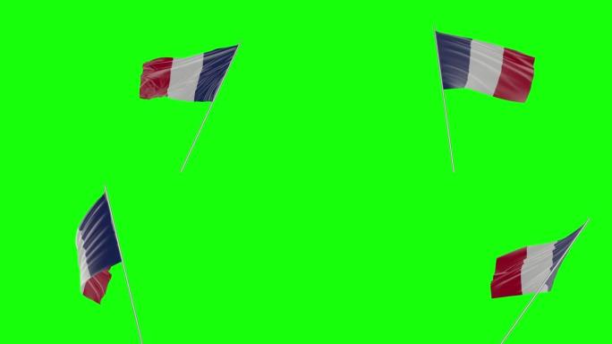 手持挥舞的法国国旗与绿幕背景3d建模和动画循环- Cgi法国国旗正在绿幕背景上挥舞旗帜的Chroma