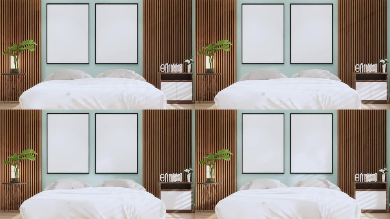 薄荷现代和平卧室。日本风格卧室。3d渲染