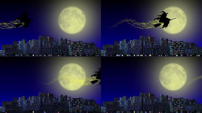万圣节。女巫。女巫在夜间飞行-电影。3D插图。