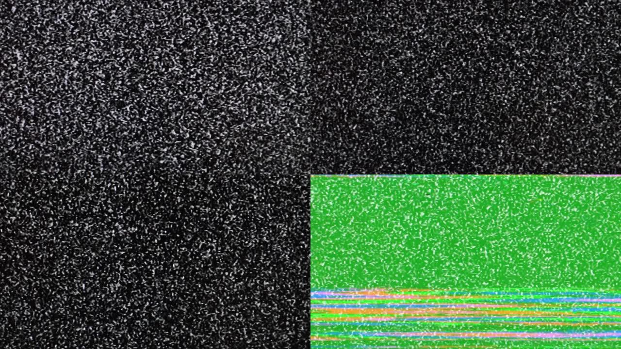 复古电视80年代毛刺噪声静态电视VFX包。视觉视频效果过渡到绿色屏幕
