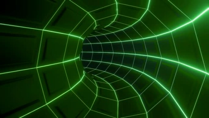 带有绿色霓虹灯线的弧形虚拟隧道。设计。通过弯曲的隧道潜入矩阵世界。带有移动霓虹灯线的弯曲虚拟隧道