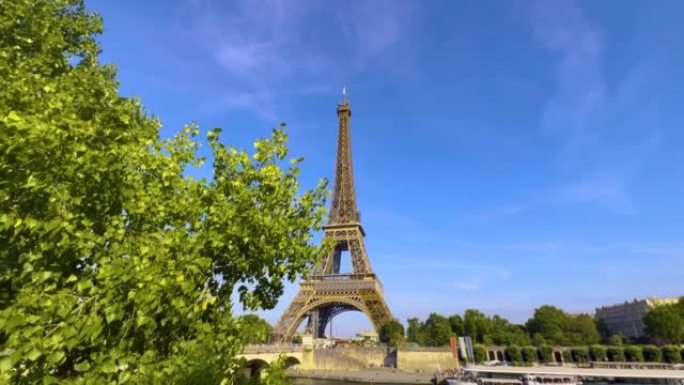 夏天日落时的埃菲尔铁塔。用于编辑的中性彩色视频。法国最受欢迎的旅游地标。法国阿纳托尔大道5号战神广场