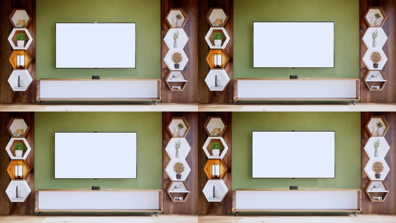 绿色墙壁背景上的六角木架日本设计。3d渲染