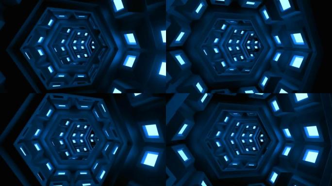带有闪烁霓虹灯的未来隧道的抽象数字几何背景。设计。蓝色霓虹灯六边形弯曲走廊，无缝循环。