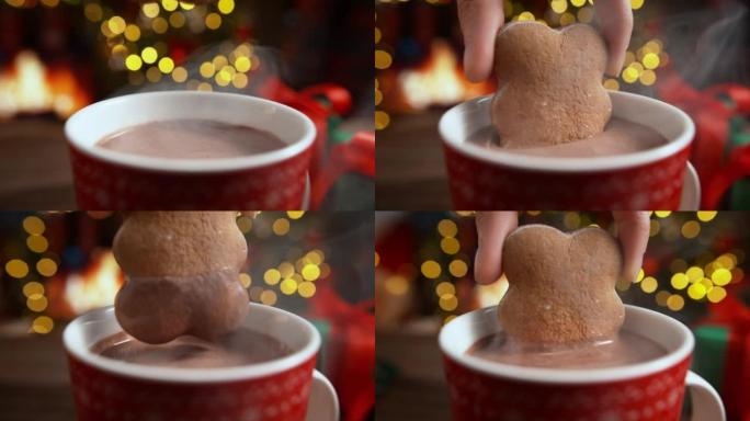 在慢动作的一杯热巧克力中浸泡姜饼饼干，在壁炉旁休息圣诞节