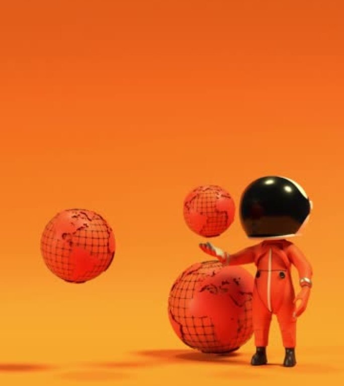 垂直卡通宇航员或宇航员以4k分辨率在橙色背景上展示太空