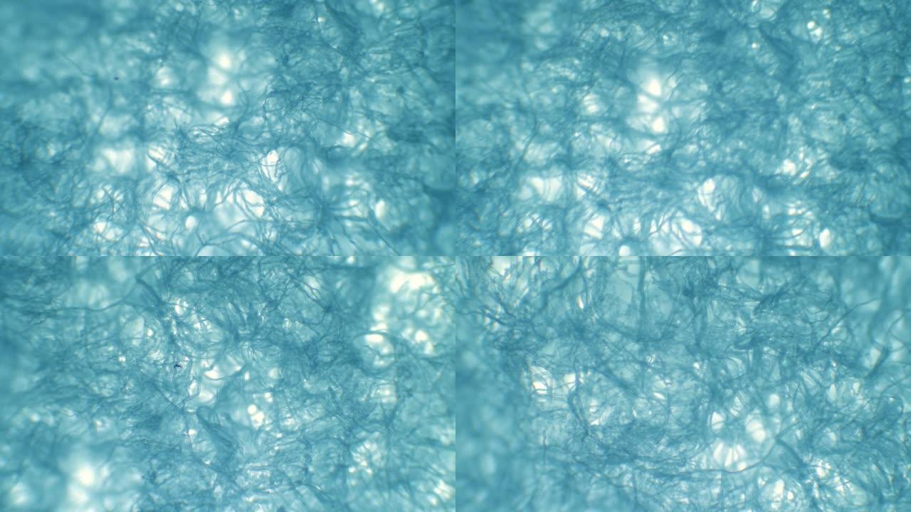 显微镜下的餐巾。上面移动相机的微观网。范围内未知纹理的惊悚网。显微镜下的摘要背景。极端特写下的很多木