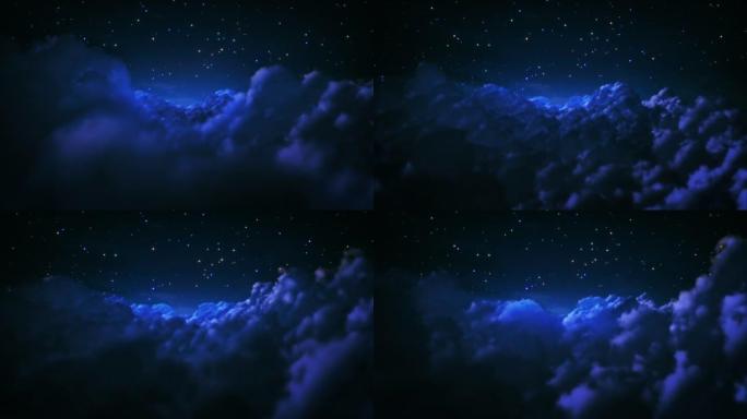 晚上飞过云层。蓝色的星空。可循环。