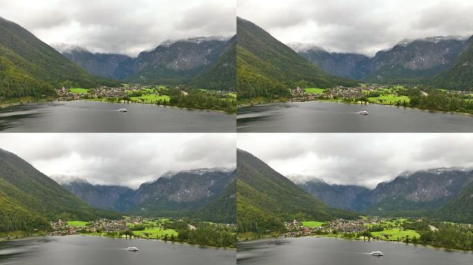 奥地利山村哈尔施塔特和哈尔施塔特湖的鸟瞰图。夏天的时候。奥地利萨尔茨卡梅古特。