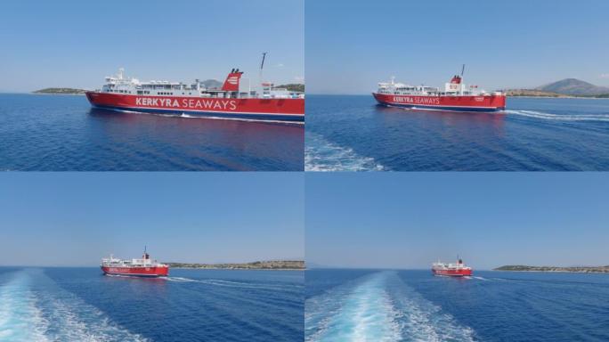 在地中海巡航的渡船，经过的红色彩绘渡船，希腊岛运输