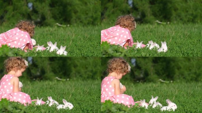 一个孩子和白兔在花园里的绿草地上玩耍。带宠物的快乐孩子。
