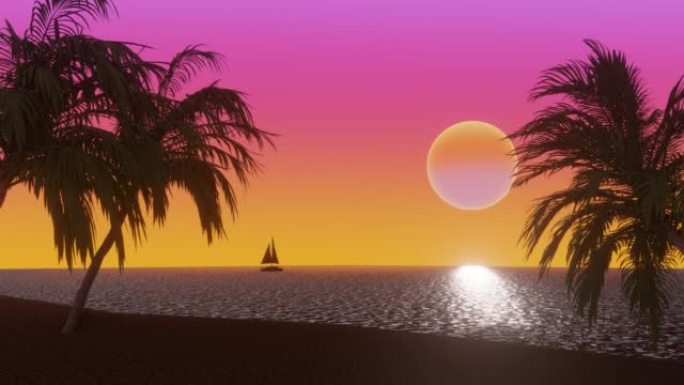 日落时有热带棕榈树的海洋海滩。3d Synthwave风格化动画背景。无缝循环。