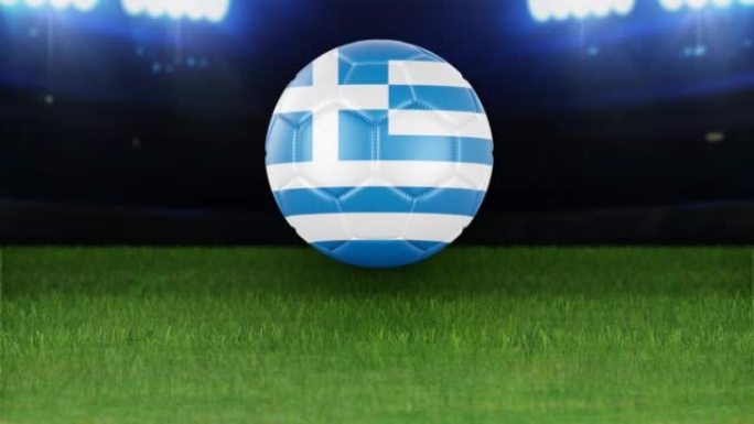 希腊国旗足球，带灯跳入体育场。足球场和球，4k分辨率，循环-股票视频