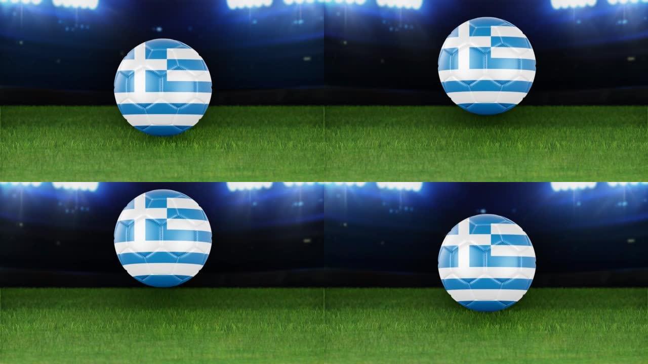 希腊国旗足球，带灯跳入体育场。足球场和球，4k分辨率，循环-股票视频