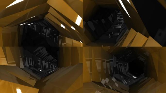 在未来主义的隧道中飞行。抽象科幻3D动画。橙色金色灯光走廊概念，室内设计，宇宙飞船，科学，实验室，技
