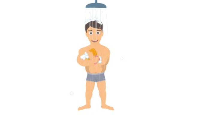 男人在淋浴时洗澡。一个男人用肥皂和毛巾清洗的动画。卡通