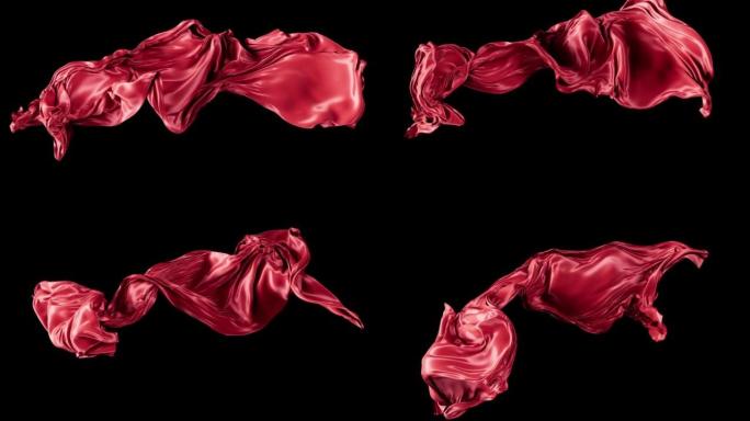 黑色背景上慢动作的抽象红色流动缎子或丝绸布