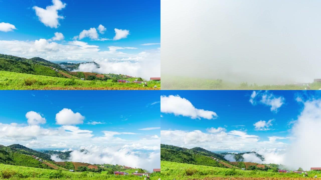 局部山峰上的山谷宁静景象，有雾气，延时视频