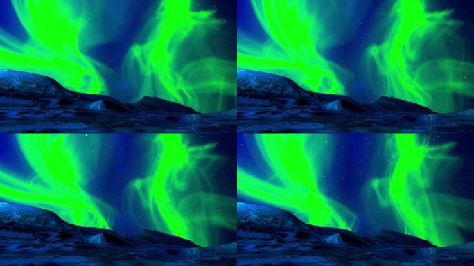 美丽的北极光动画。挪威，加拿大，芬兰，冰岛和瑞典的北极光点亮。寒冷的夜晚，极地天气和蓝色的星空。奇妙