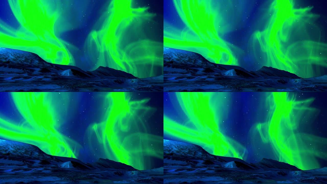 美丽的北极光动画。挪威，加拿大，芬兰，冰岛和瑞典的北极光点亮。寒冷的夜晚，极地天气和蓝色的星空。奇妙