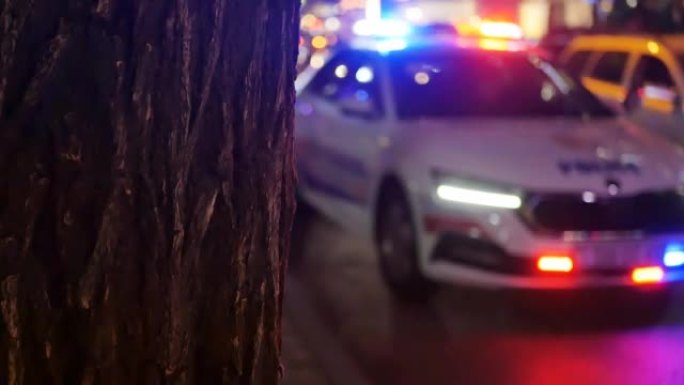 红色和蓝色闪光灯亮起的警察巡逻车。夜城，车上有警察闪光灯，已不集中。复制空间。