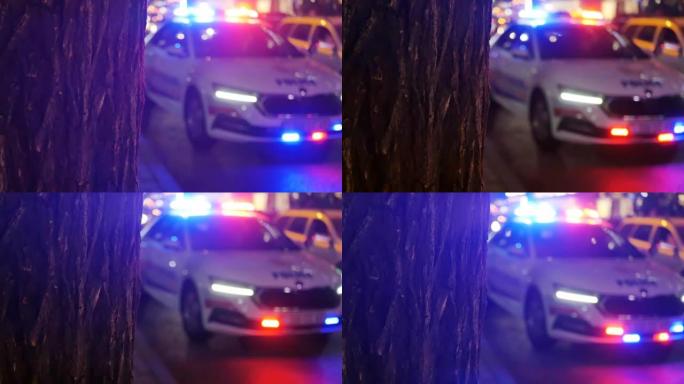 红色和蓝色闪光灯亮起的警察巡逻车。夜城，车上有警察闪光灯，已不集中。复制空间。
