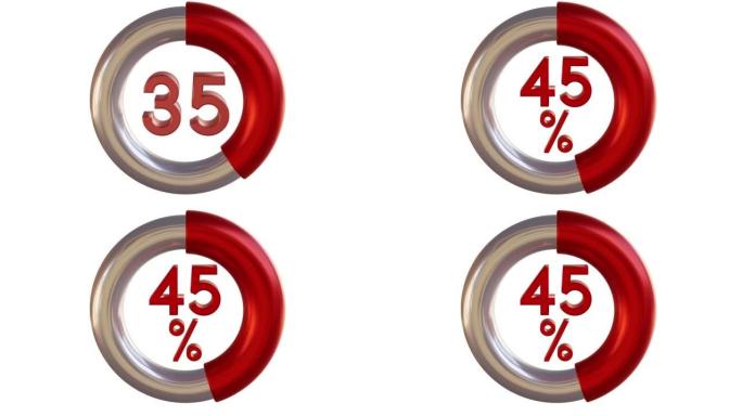 饼图3D动画视频与45% 元素。统计，增加，增长，上升，商业和金融主题。甜甜圈图表