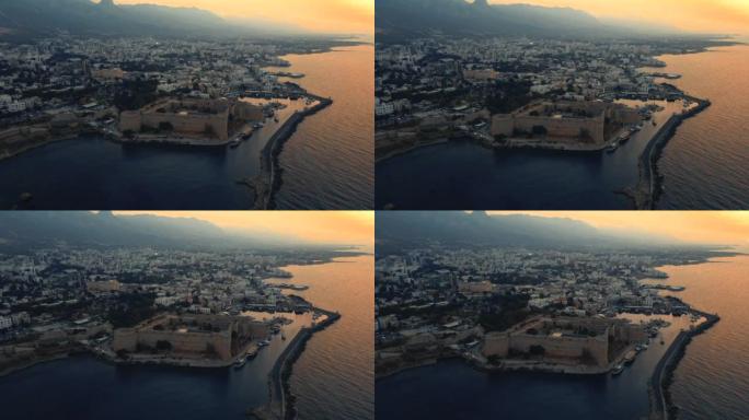 北塞浦路斯kyreina鸟瞰图4k股票视频的美丽日落