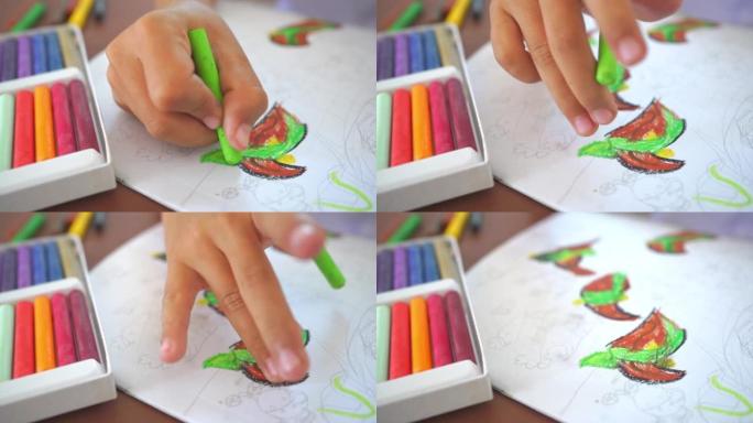孩子的手在纸上用颜色画画，有创造力，有想象力