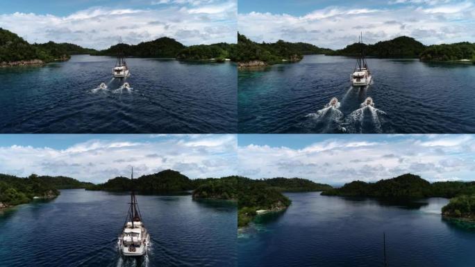 潜水艇沿着热带岛屿与浅礁航拍