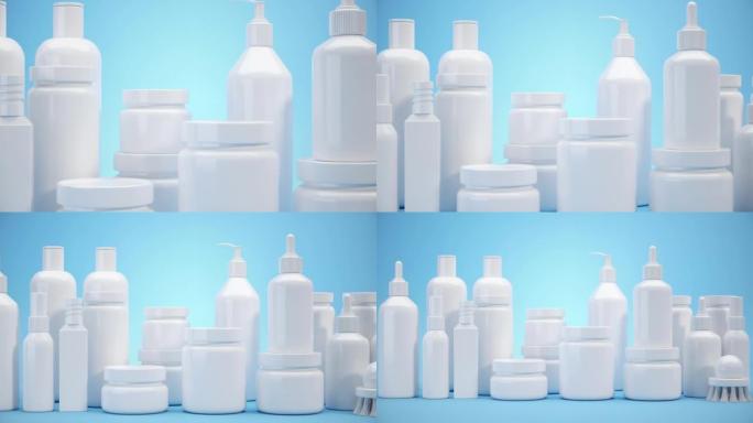 蓝色背景化妆品白色美容产品塑料管集合套装。用于面霜、凝胶、血清、广告和产品促销的包装。3D动画。
