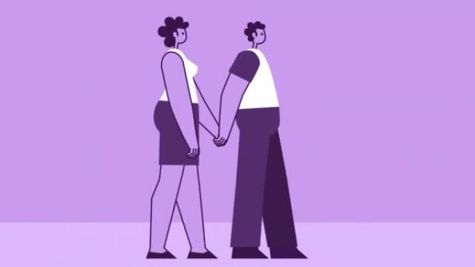 紫色风格的男人和女人扁平的人物走在一起牵手。带有Alpha通道的孤立循环动画