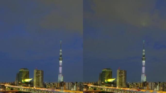 东京天际线的城市景观，隅田川办公楼的垂直延时视频。