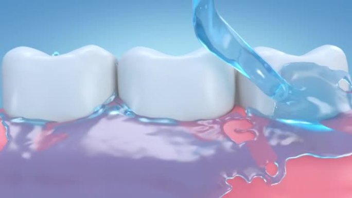 3d动画呈现蓝色液体清洁牙龈和牙齿