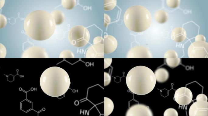 3D动画分子宏原子细胞精华液乳霜，胶原蛋白透明水晶精华液和维生素护肤，清晰的背景。