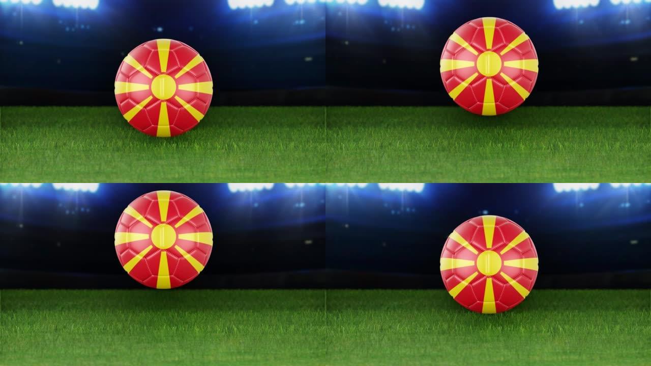 马其顿国旗足球，带灯跳入体育场。足球场和球，4k分辨率，循环-股票视频
