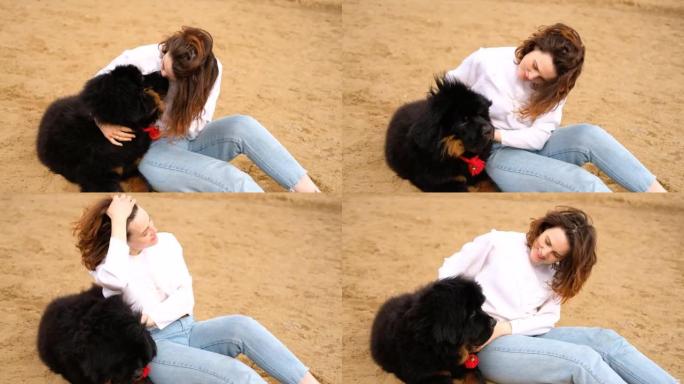 中年妇女坐在沙滩上，在户外拥抱藏獒狗。女孩和狗在海滩上玩耍