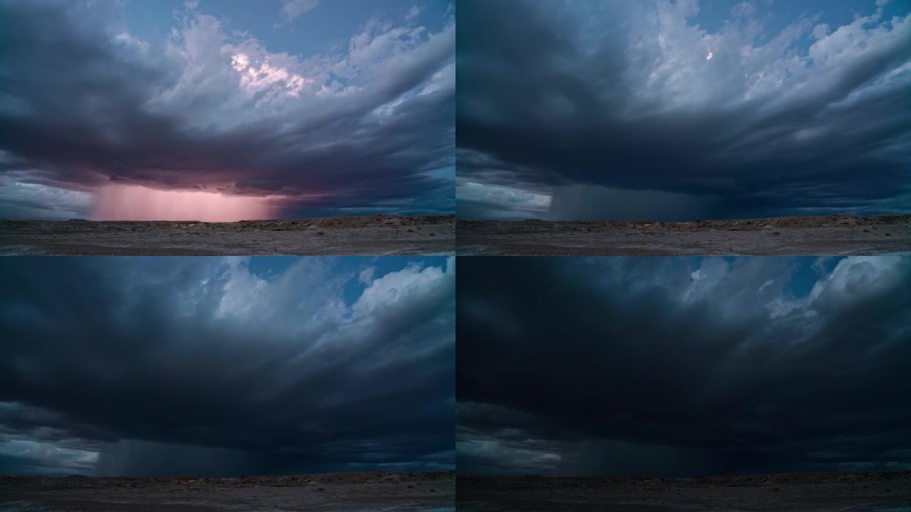 黄昏时在犹他州沙漠的季风风暴大楼中闪烁的闪电