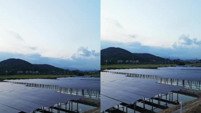 养鱼场太阳能电池板的高角度视图