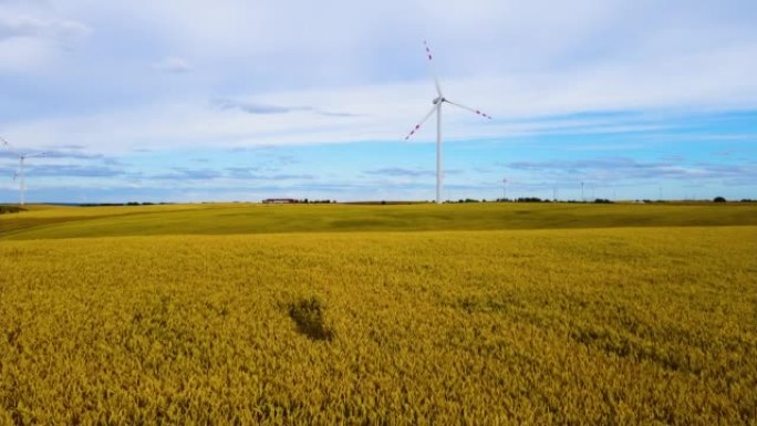 山地农场的风力涡轮机组，无人机鸟瞰图。电力生产行业