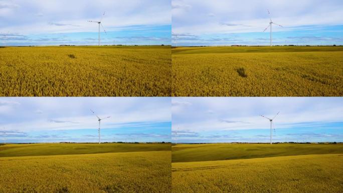 山地农场的风力涡轮机组，无人机鸟瞰图。电力生产行业