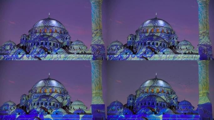 光明节期间沙迦酋长国的彩色清真寺