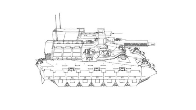 带有细黑线的军用坦克线框的循环旋转动画。坦克迫使未来全息图在白色背景上循环。