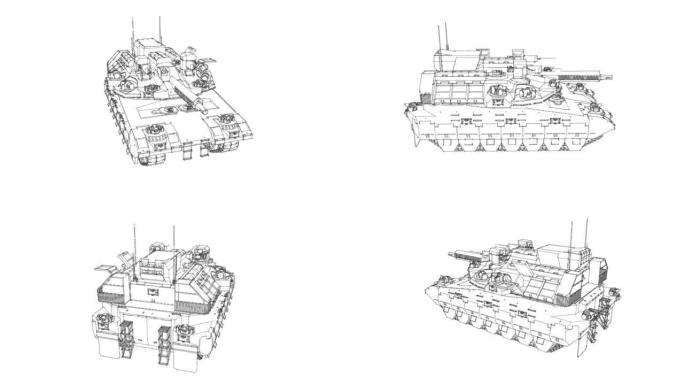 带有细黑线的军用坦克线框的循环旋转动画。坦克迫使未来全息图在白色背景上循环。